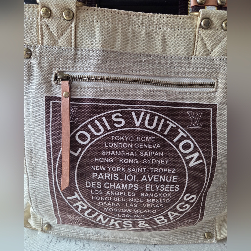 SOLD LOUIS VUITTON Beige Brown Canvas Cruise Line Globe MM Shopper Tote Bag - Picture 7 of 16